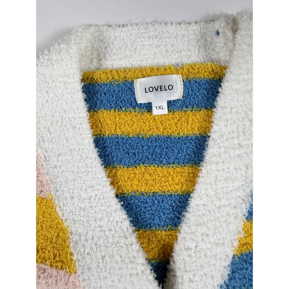 Lovelo Colorblock Striped Fuzzy Cardigan Sweater XL Pastel Blue Pink Yellow - Picture 4 of 10